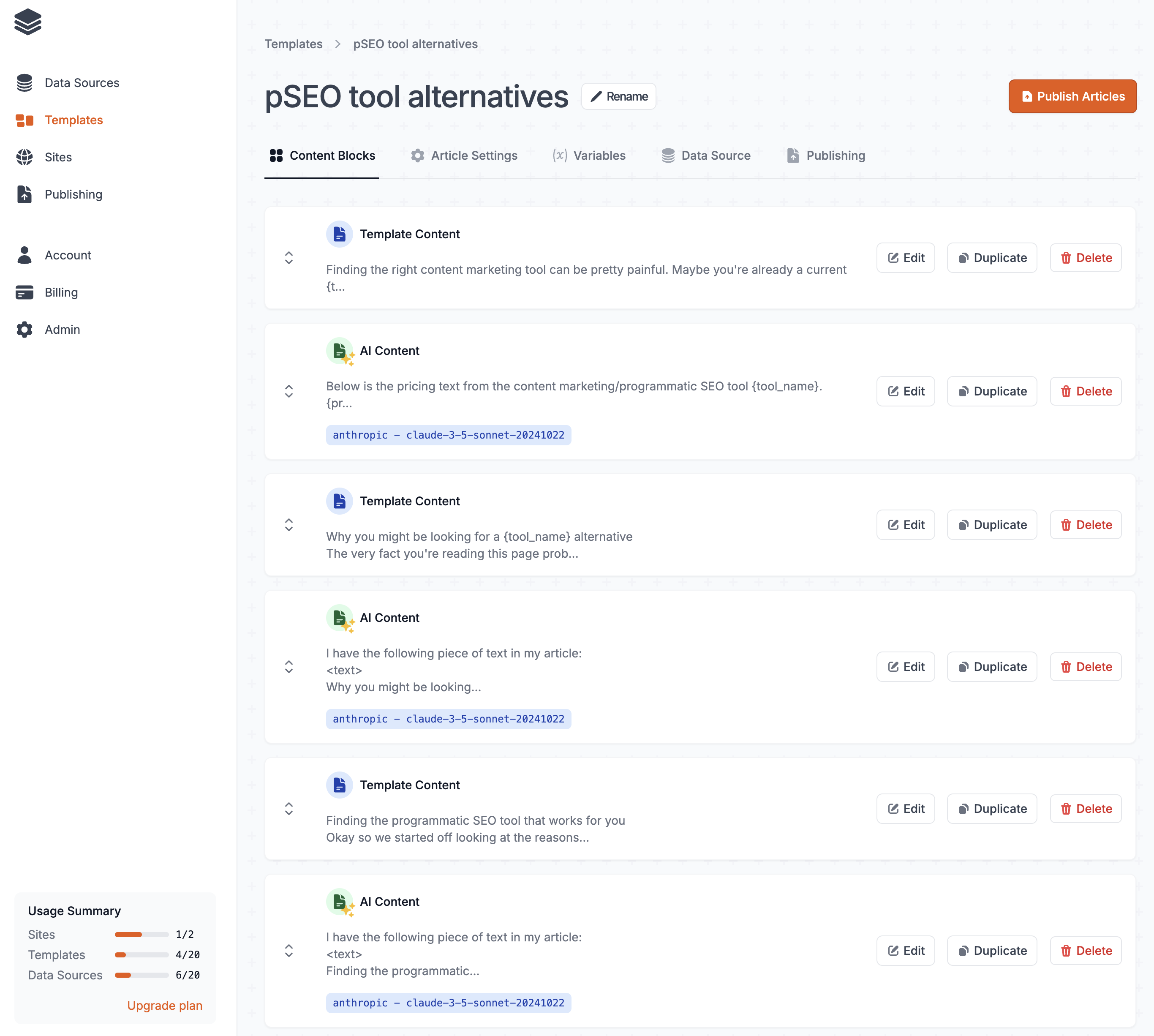 programmatic SEO dashboard in Create Pages